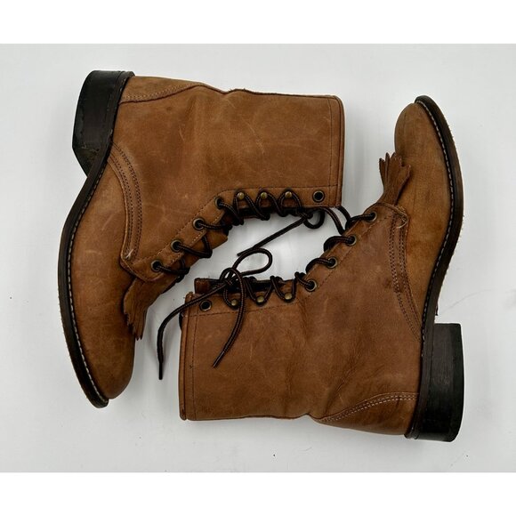 Laredo Boots Kiltie Fringe Womens 7M Lace-Up Roper Brown Leather USA Made - Picture 9 of 10